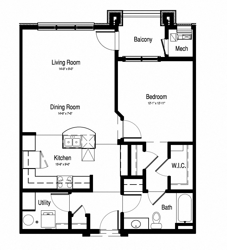 Floor plan for 1 bed, 1 bath, 908 sqft